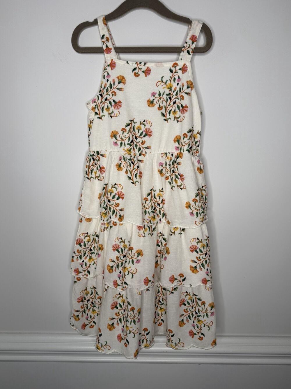 Old Navy Girls Dress Small (6-7) Ivory With Floral Print Tiered